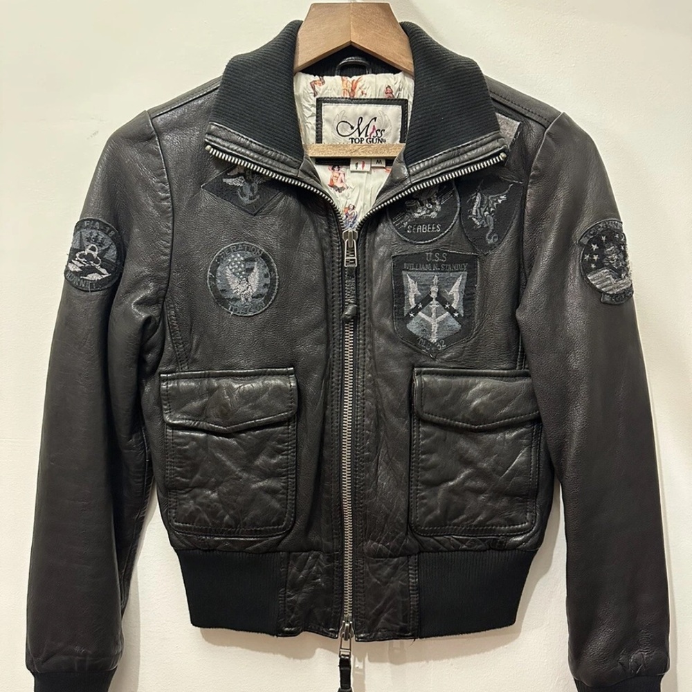Miss Top Gun Vintage Black Leather Bomber Jacket with Military Patches